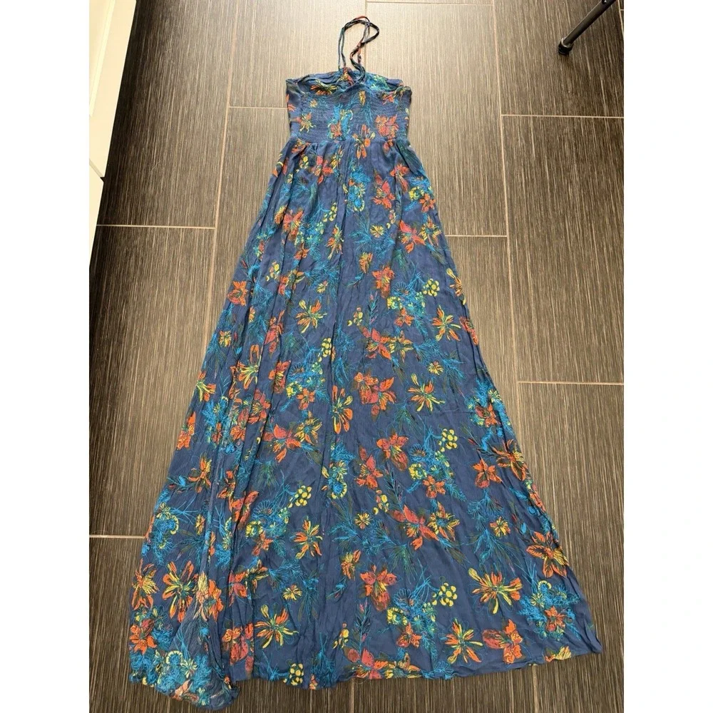 Free People One Step Ahead Maxi Dress Blue Sz XS Boho Romantic Floral Ethereal
